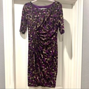 Purple Pattern Faux Wrap Sleeve Modest Dress